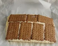 Step <p><span style="font-weight: normal;">Añadir a las galletas la mezcla de mascarpone, yogur y azúcar. El resto de virutas de naranja. Termina colocando el resto de las galletas. Buscado la misma forma que tenían la parte de abajo.</span></p> illustration